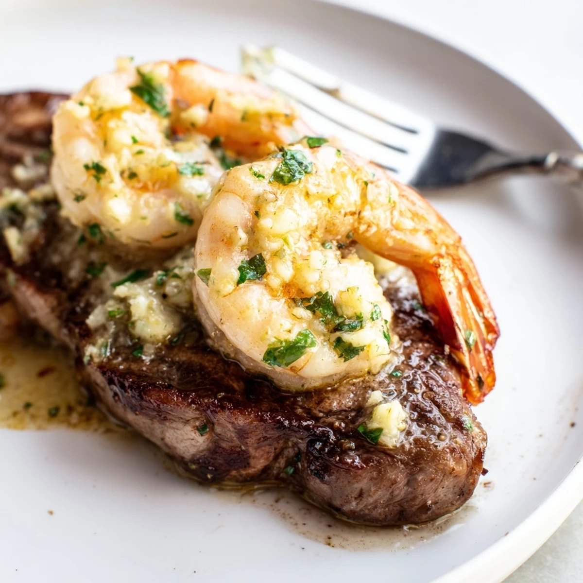 Juicy seared steak and garlic butter shrimp plated on a white dinner plate