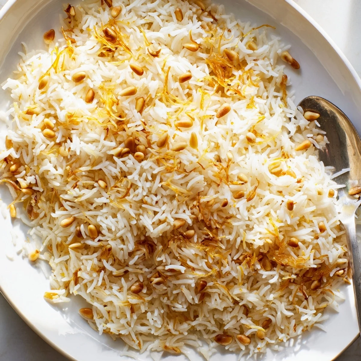 Fluffy Lebanese rice with golden toasted vermicelli nuts in a ceramic bowl