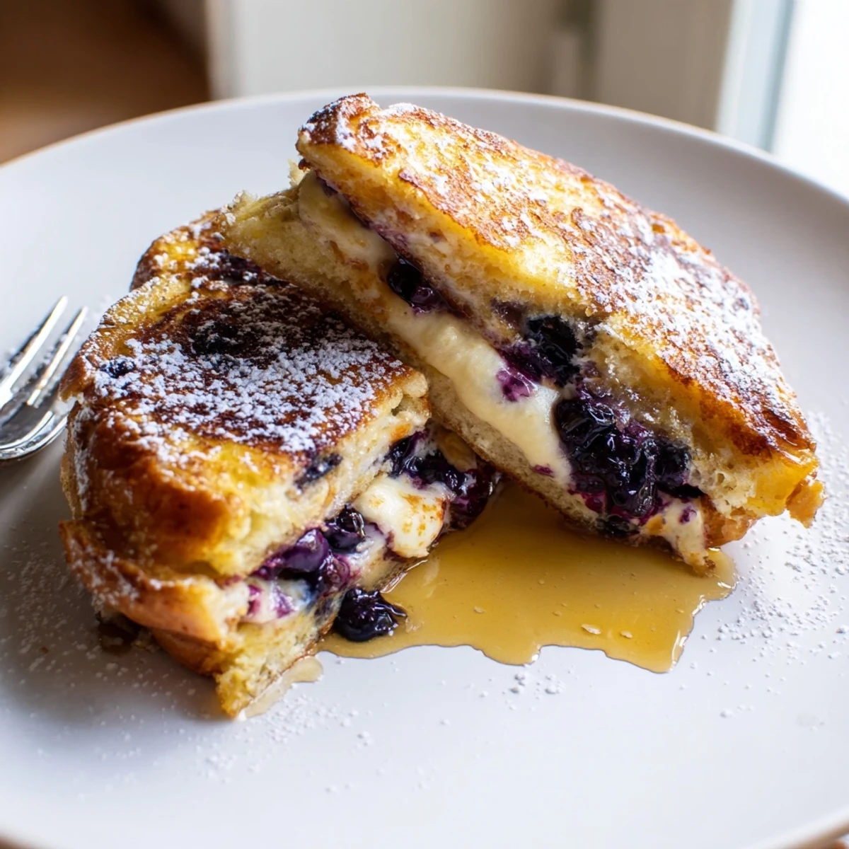 Golden blueberry cheesecake stuffed French toast drizzled with maple syrup on a white plate
