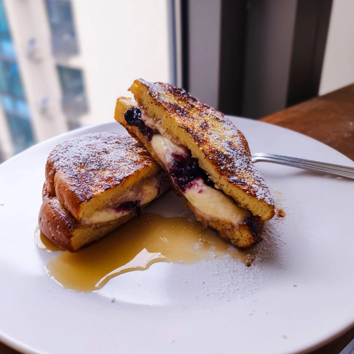 Thick slices of blueberry cheesecake stuffed French toast dusted with powdered sugar and bursting berries