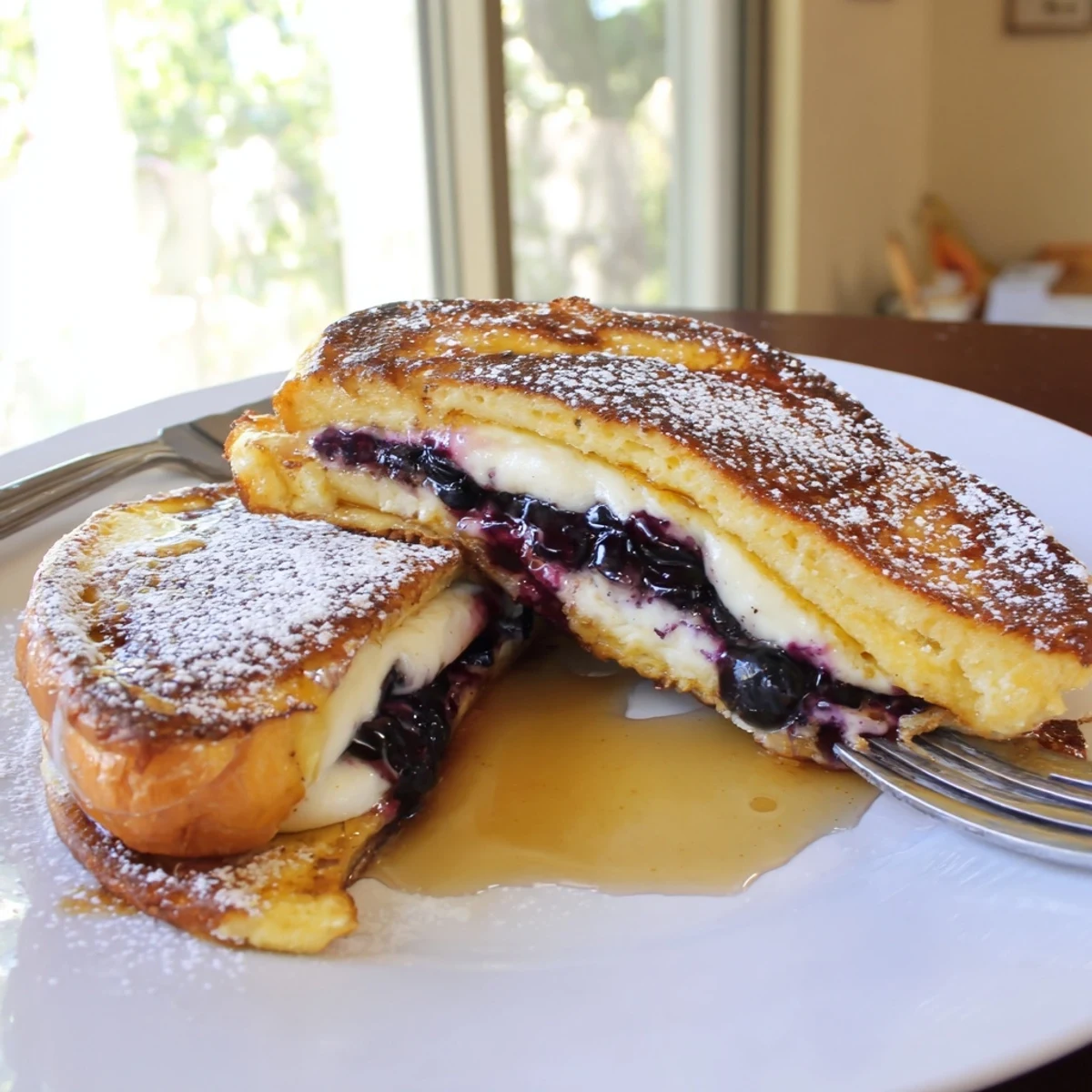 Crispy blueberry cheesecake stuffed French toast served hot with creamy filling oozing from golden brioche