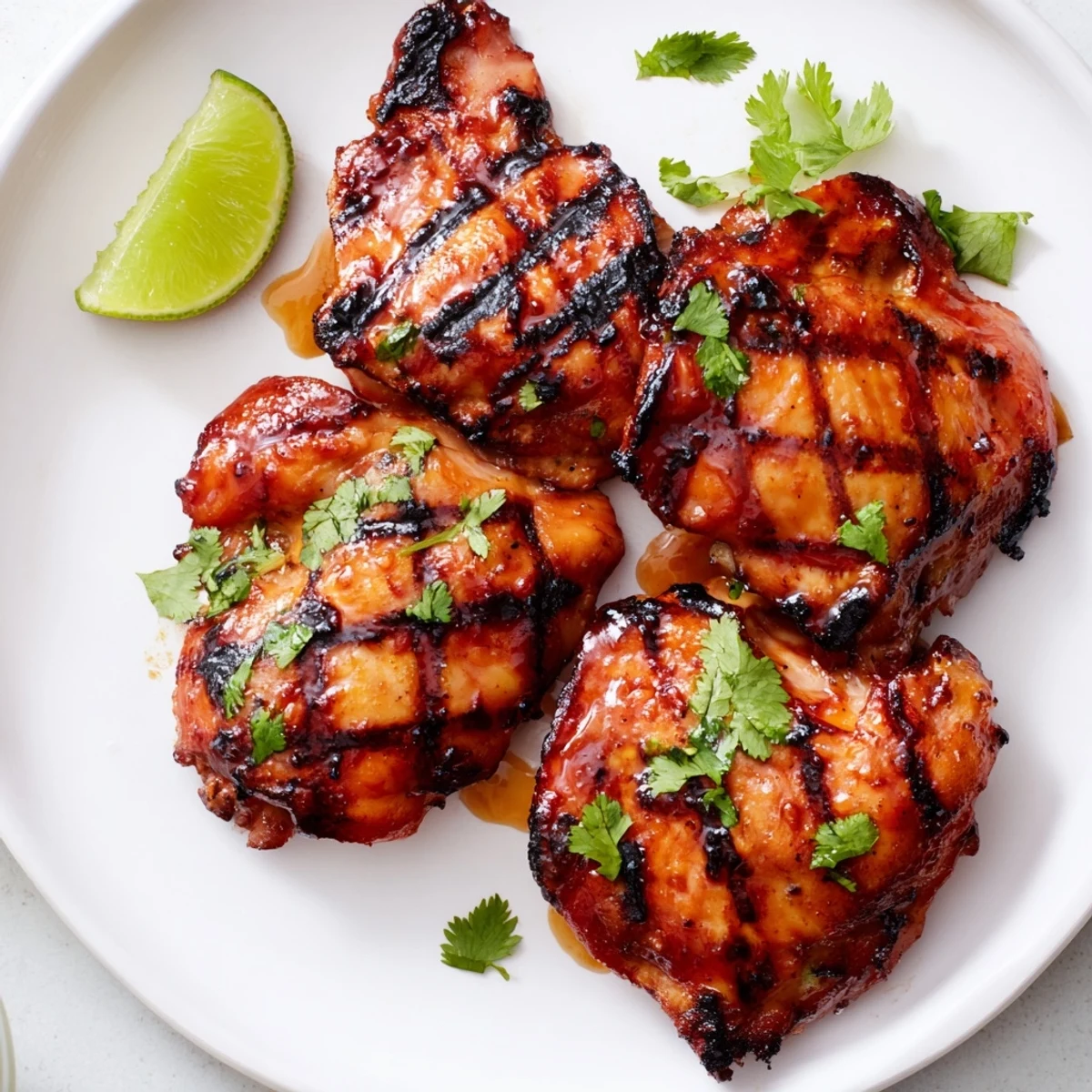 Sweet n spicy grilled chicken thighs with golden grill marks on a rustic plate