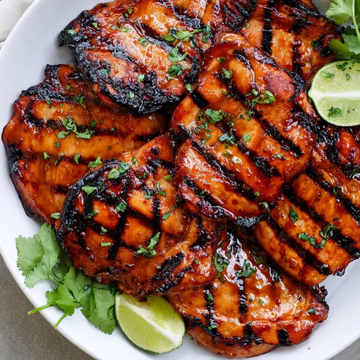 Juicy sweet n spicy grilled chicken thighs garnished with fresh cilantro and lime wedges