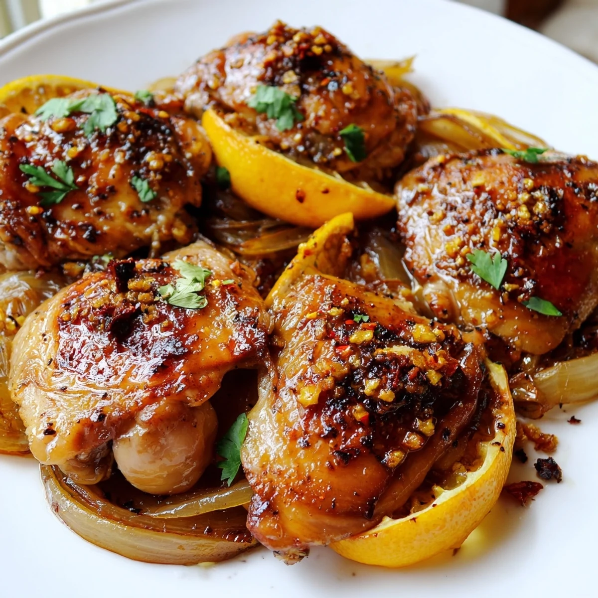Golden ginger garlic chicken thighs baked with crispy skin and caramelized onion
