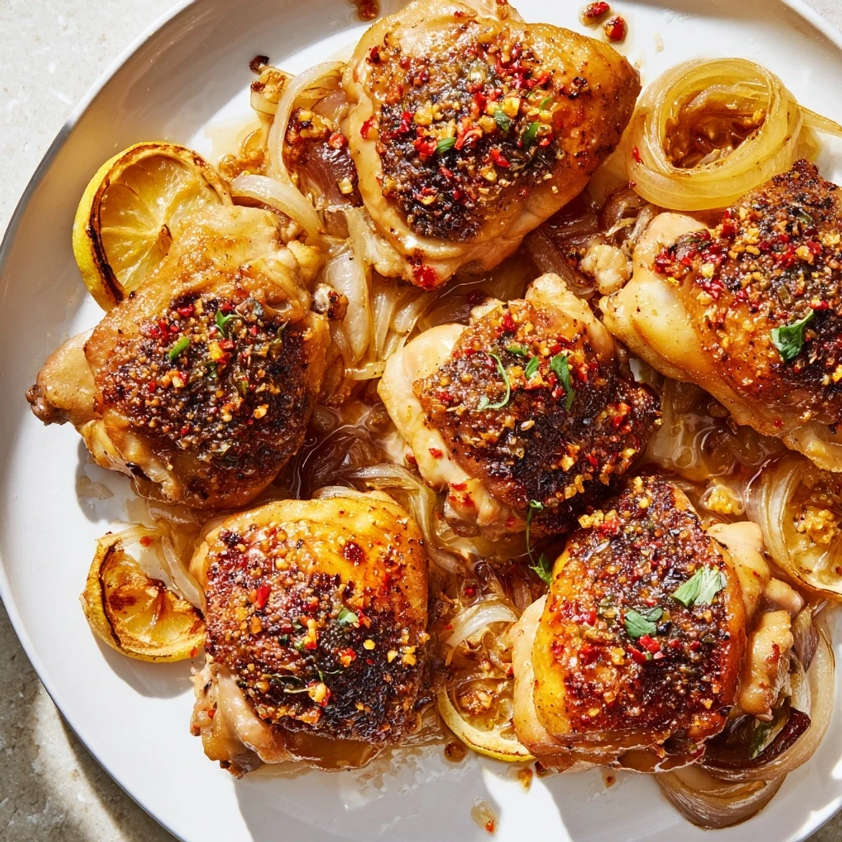 Juicy ginger garlic chicken thigh bake garnished with fresh cilantro and lemon