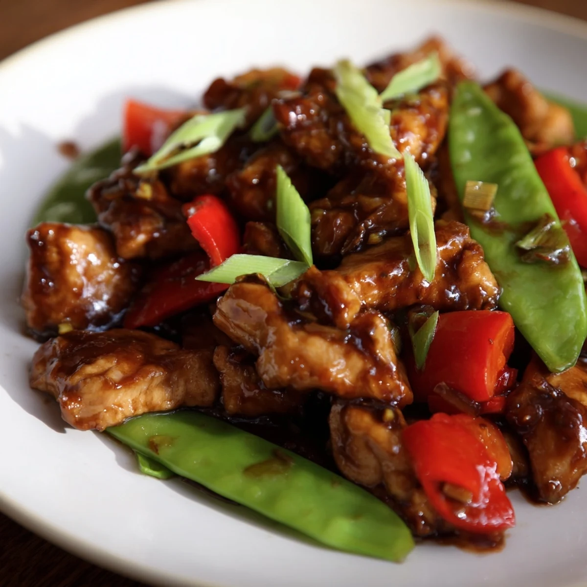 Tender stir-fried Chinese garlic chicken draped in golden garlicky sauce on white rice