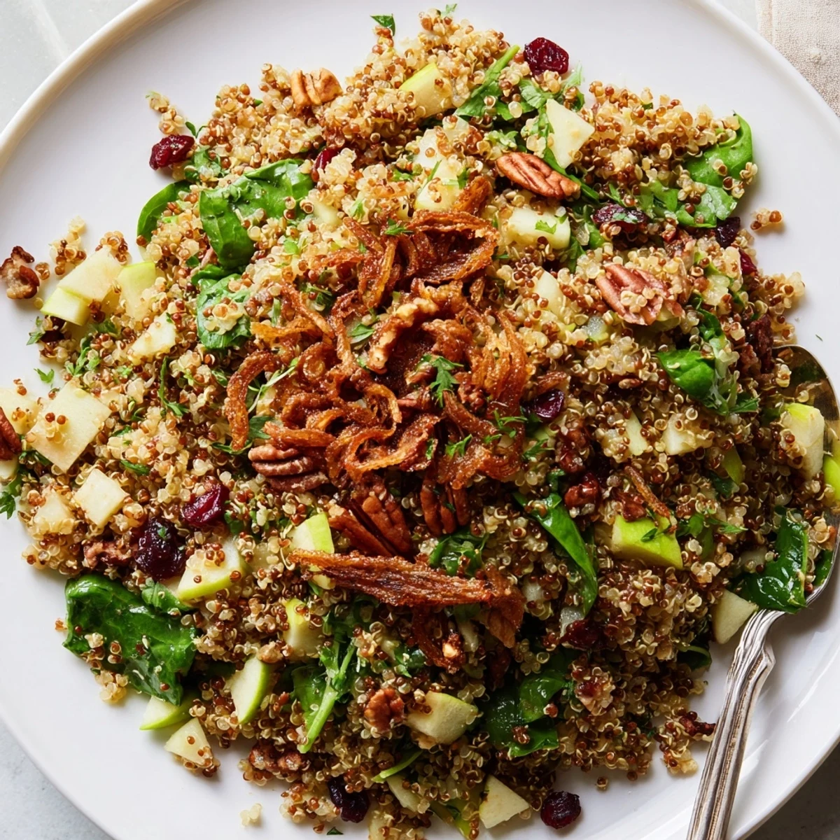 Vibrant honey mustard quinoa apple salad garnished with crunchy fried shallots and fresh parsley on rustic platter
