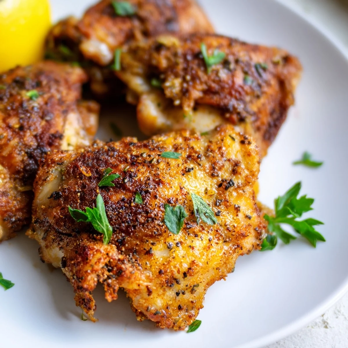 Crispy golden oven baked chicken thighs with herbs on a rustic baking sheet