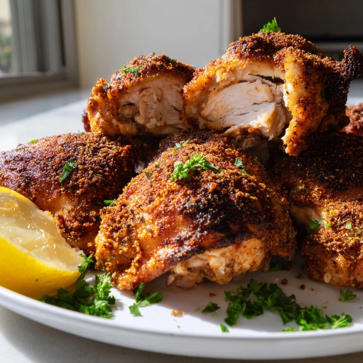 Juicy oven baked chicken thighs garnished with fresh parsley and lemon wedges