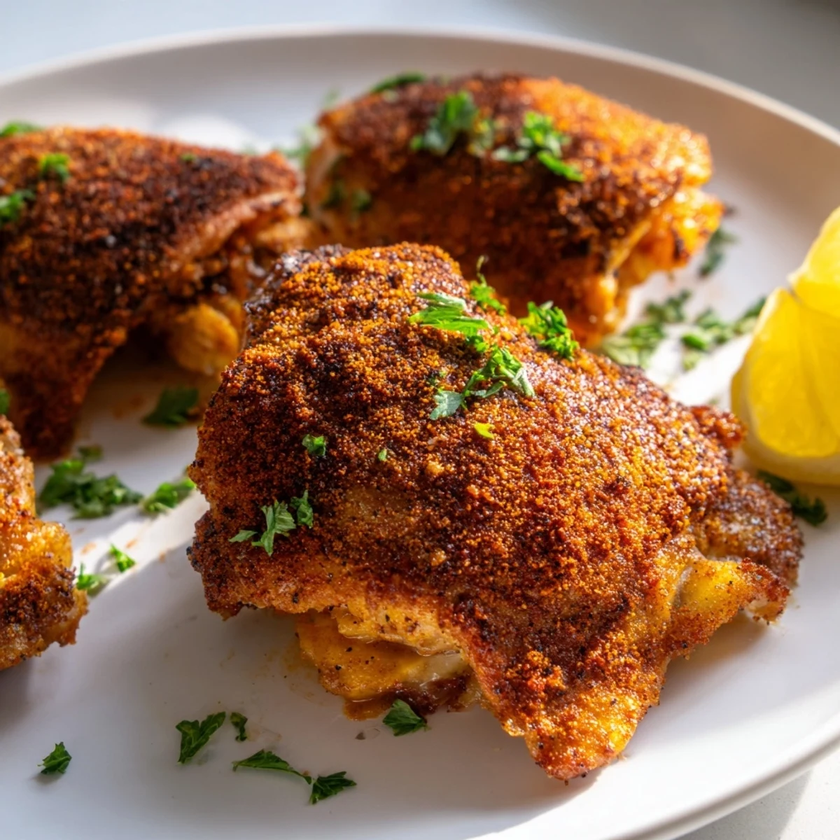 Perfectly roasted oven baked chicken thighs with smoky paprika crust served on a white platter