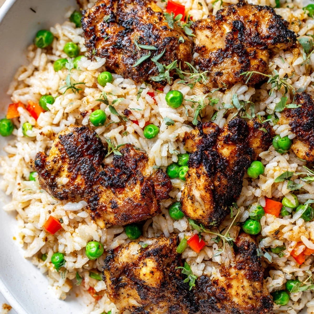Golden jerk-seared chicken thighs nestled in fluffy coconut rice with colorful bell peppers