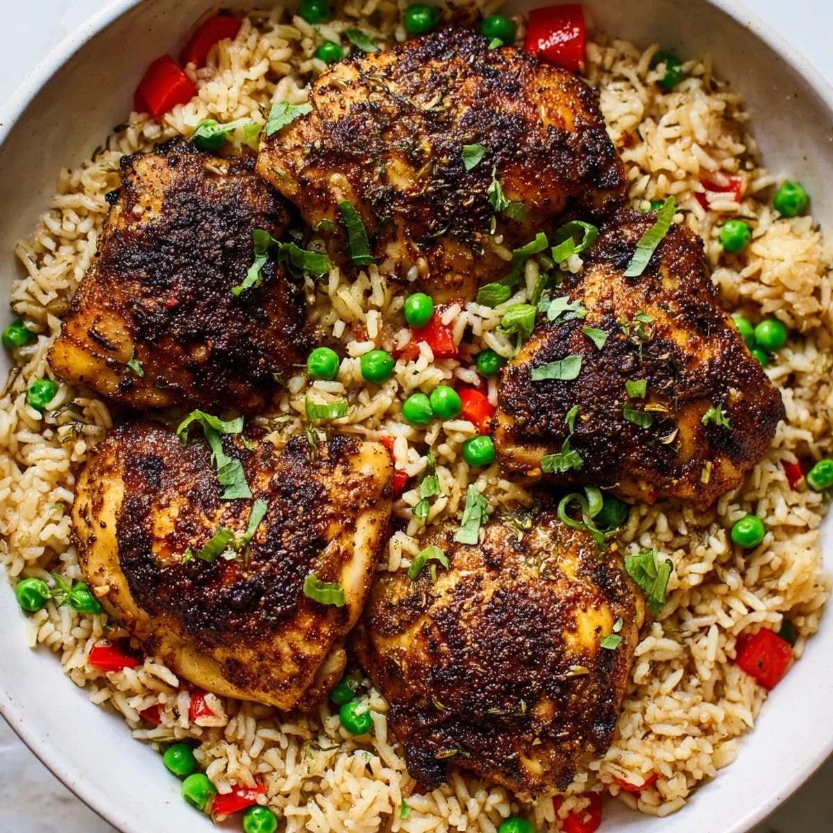 Spicy jerk chicken rice garnished with cilantro and spring onions in a skillet
