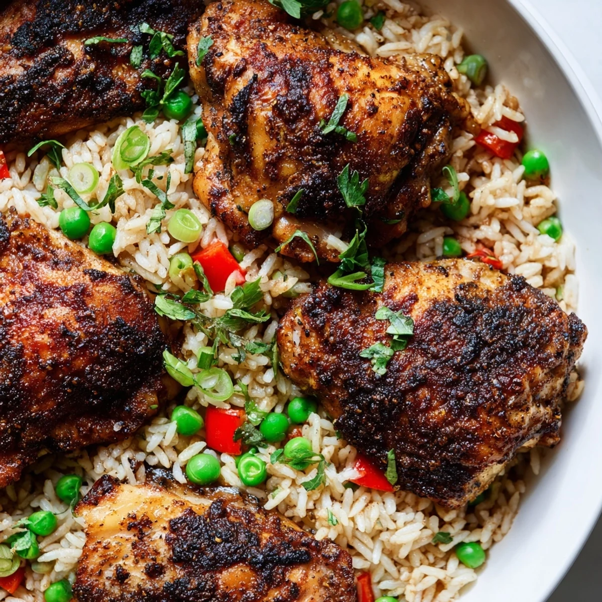Steaming plate of spicy jerk chicken rice topped with fresh cilantro and lime wedges