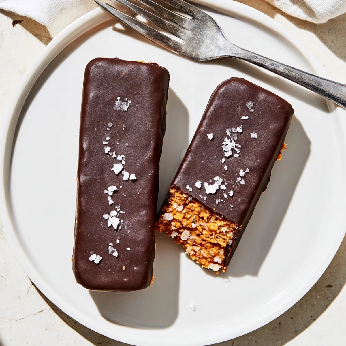 Crunchy healthy homemade Butterfingers coated in glossy dark chocolate on a parchment-lined tray