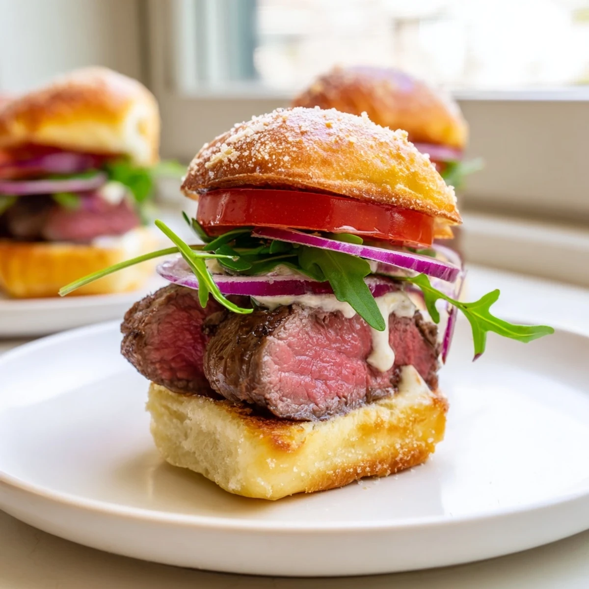 Juicy filet mignon sliders on golden garlic parmesan rolls with fresh arugula and tomato