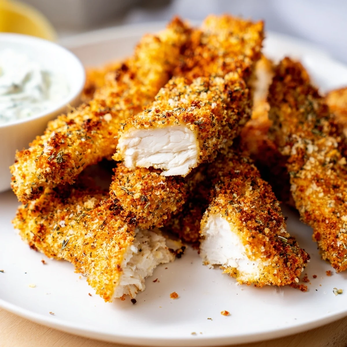 Golden crispy Greek chicken strips with herb-flecked Parmesan crust on a rustic platter