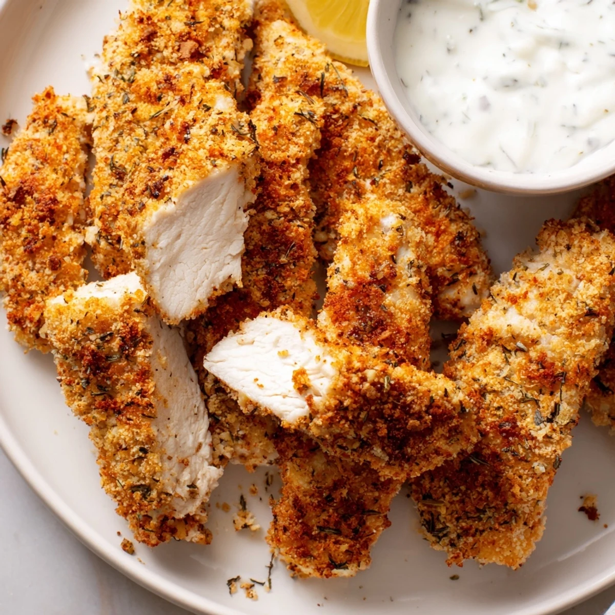 Mediterranean herb marinated crispy Greek chicken strips served with cool tzatziki dipping sauce