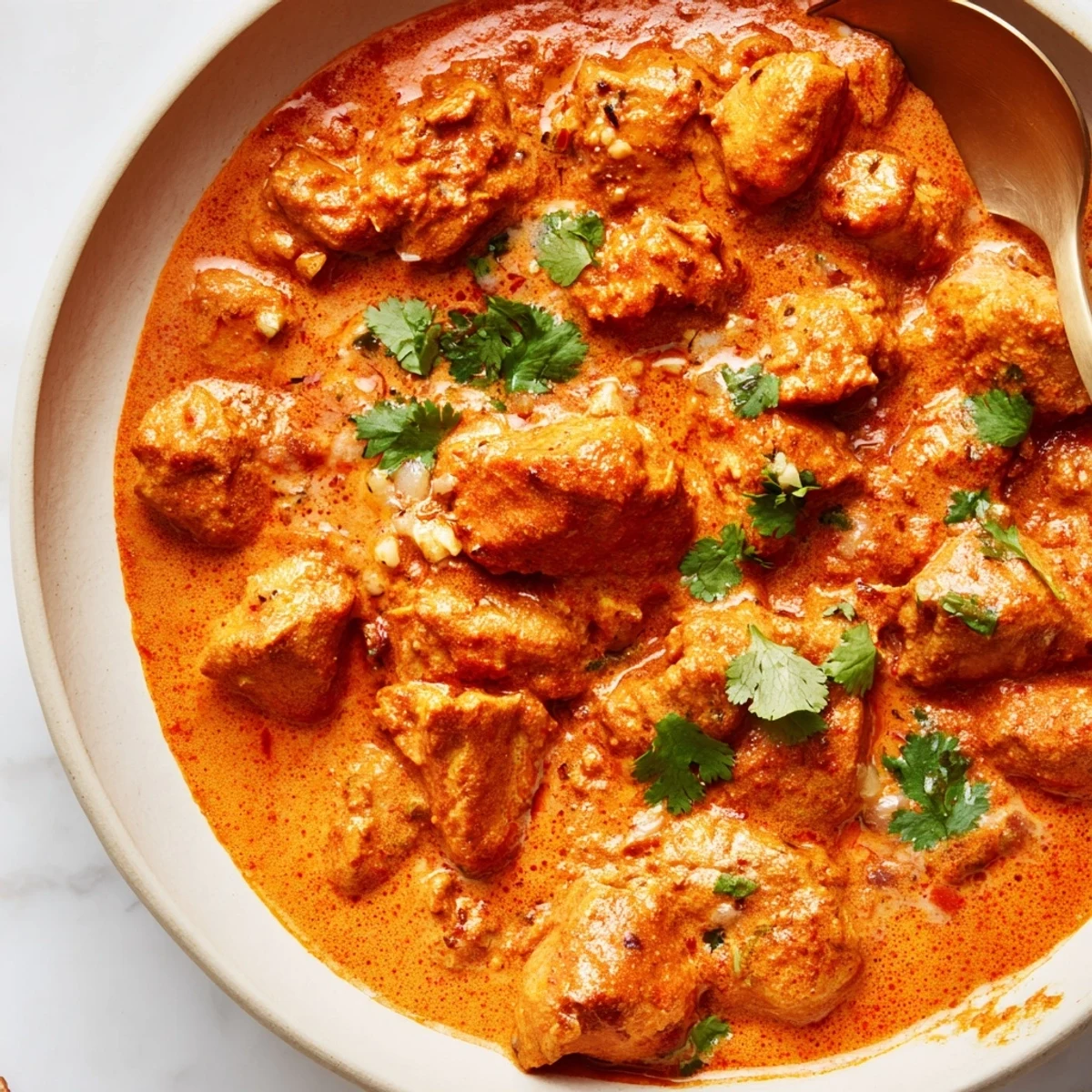 Tender Crockpot Butter Chicken in rich tomato cream sauce garnished with fresh green cilantro