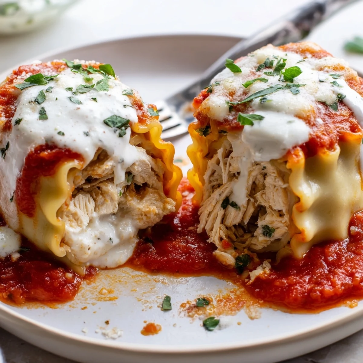 Creamy Garlic Parmesan Chicken Lasagna Roll Ups topped with marinara and golden bubbling cheese