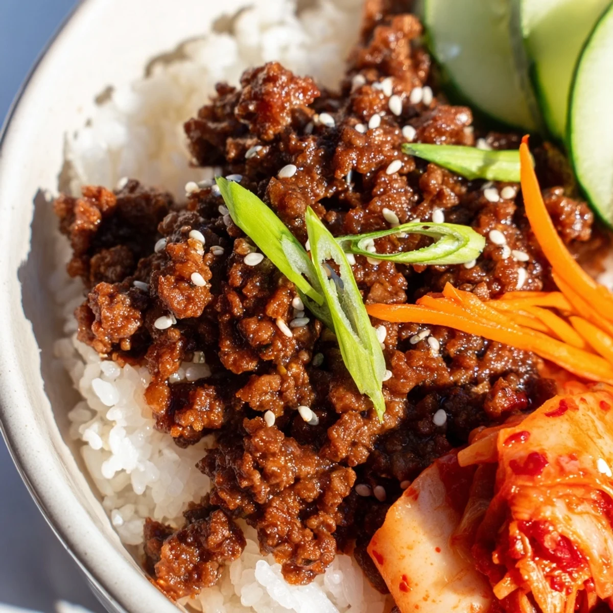 Korean ground beef bowl with caramelized sauce, crisp vegetables, and steamed white rice