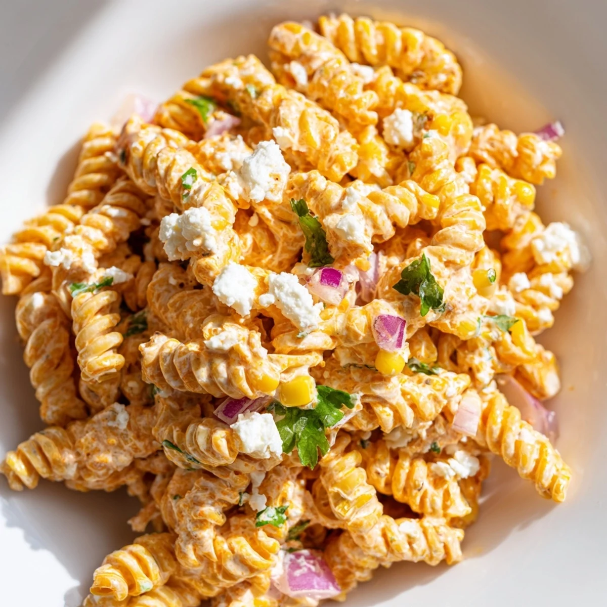 Creamy elote pasta salad topped with crumbled cotija cheese and fresh cilantro