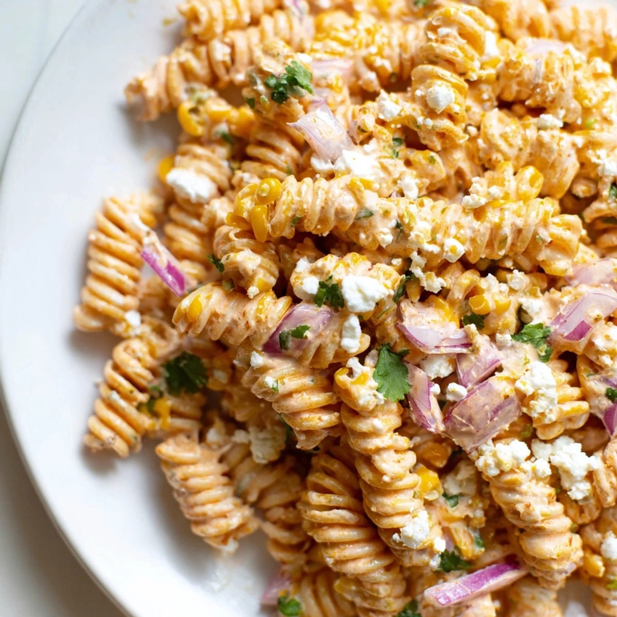 Chilled elote pasta salad served with lime wedges and a sprinkle of chili powder
