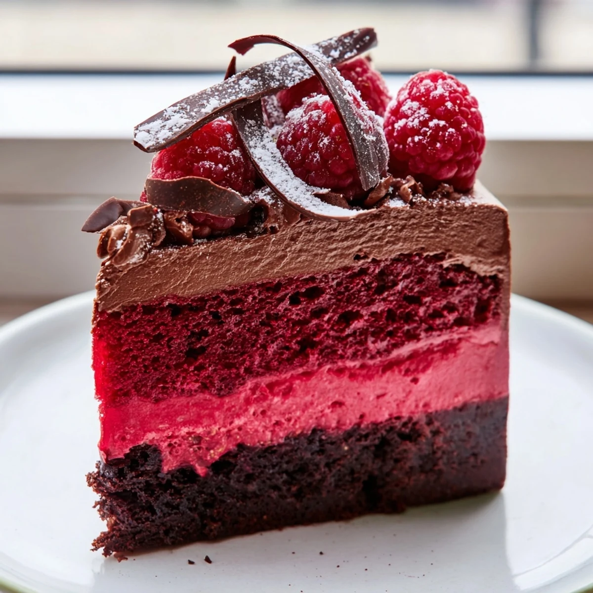 A silky raspberry chocolate mousse cake slice topped with fresh berries and chocolate curls on a white plate.