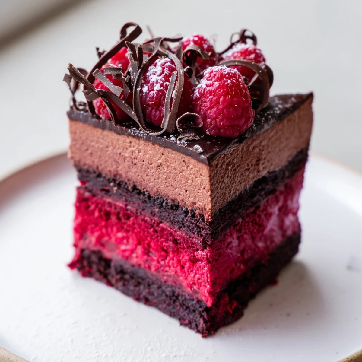Heavenly raspberry chocolate mousse cake with a glossy raspberry layer and dark chocolate shavings, elegantly plated.