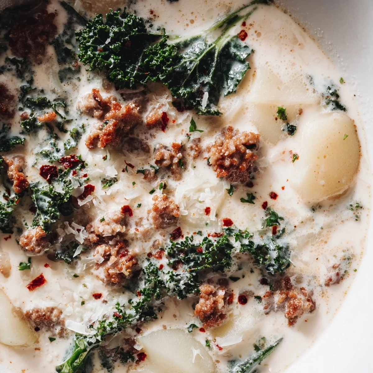 Creamy Zuppa Toscana soup loaded with sausage, potatoes, and tender kale