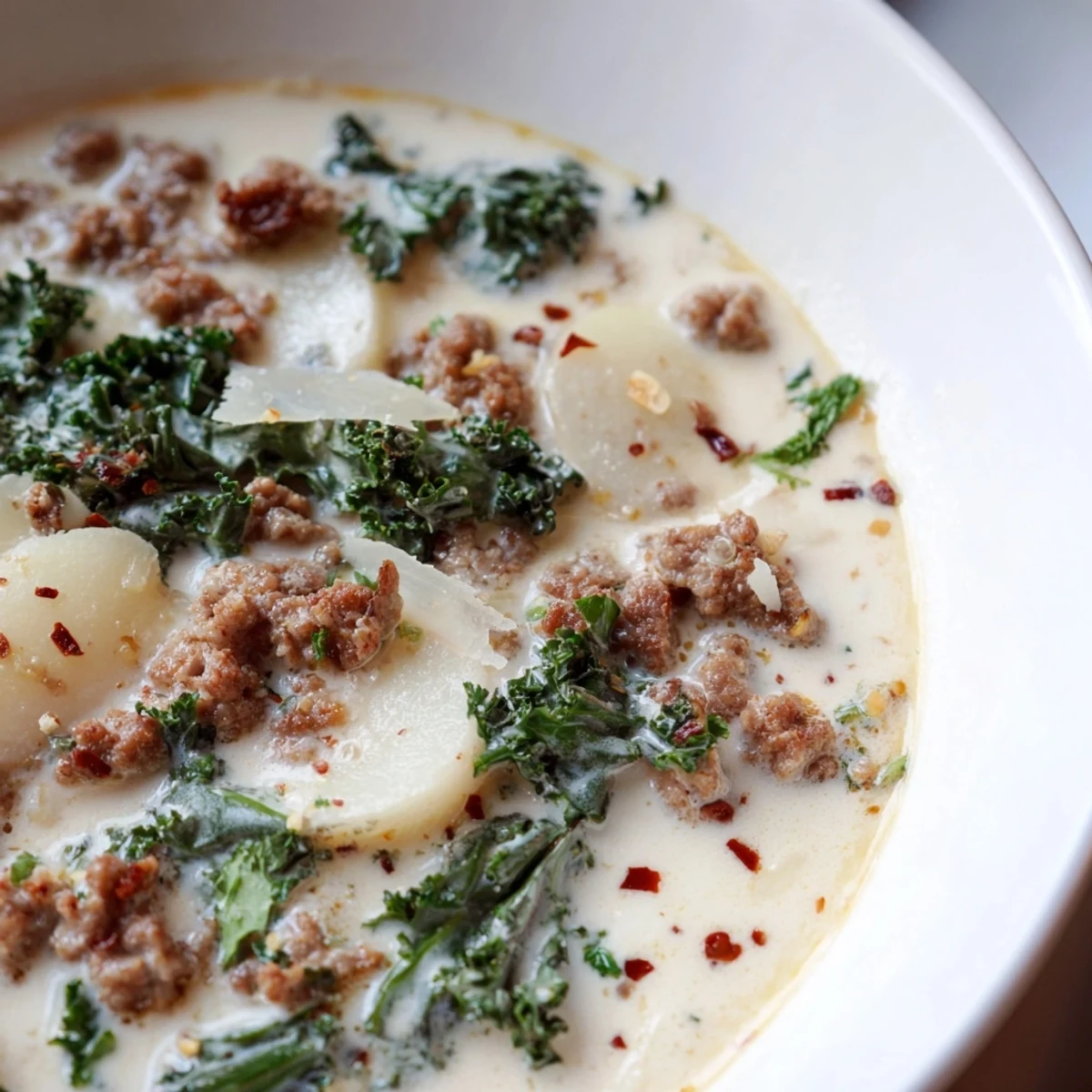 Steaming bowl of Zuppa Toscana soup topped with grated Parmesan and parsley