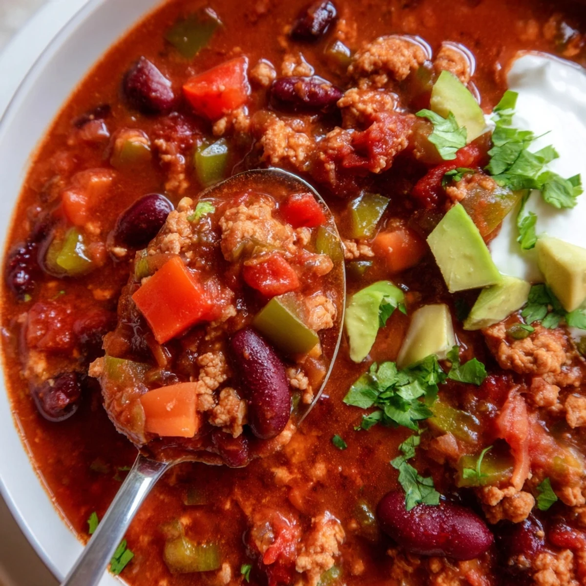 Steaming bowl of diabetic chili recipe topped with avocado and fresh cilantro
