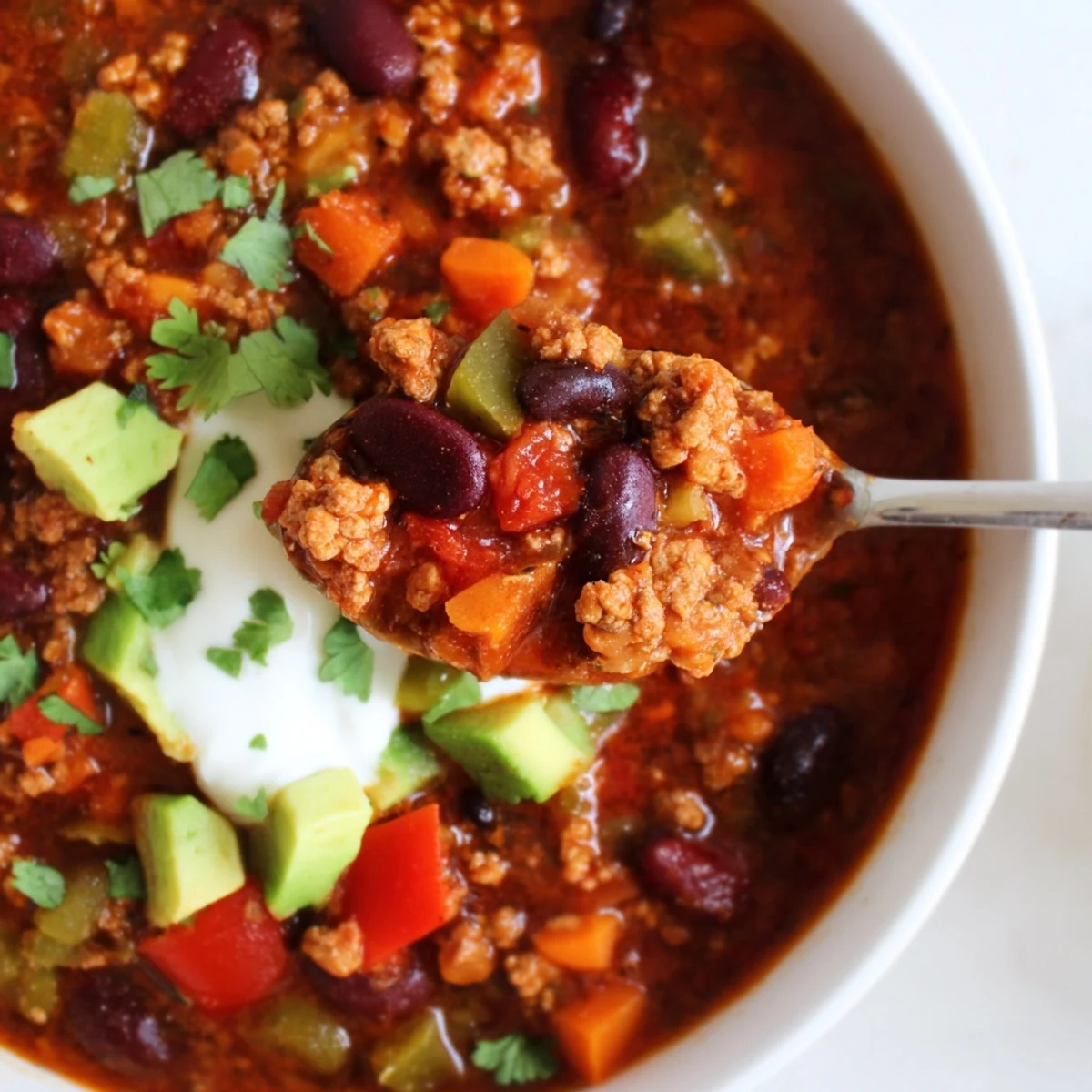 Thick diabetic chili recipe loaded with beans vegetables and lean ground turkey