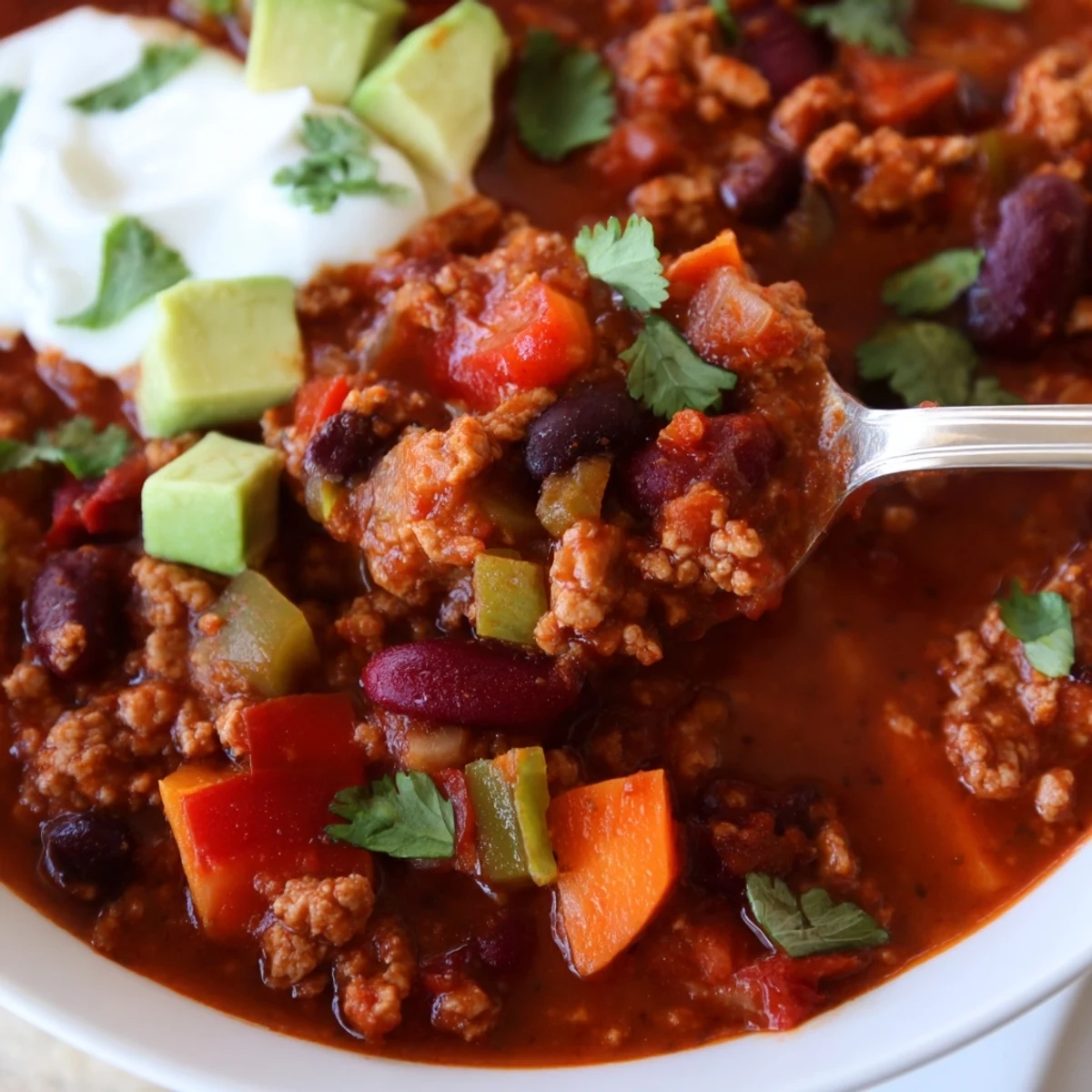 Hearty diabetic chili recipe served in a rustic bowl with Greek yogurt
