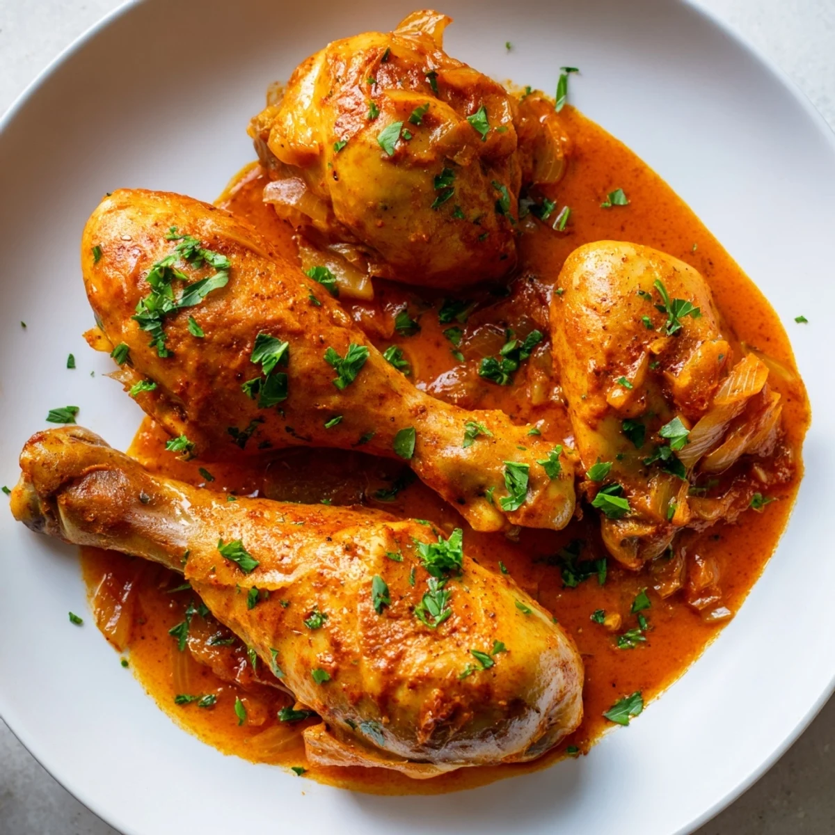 Golden creamy paprika chicken drumsticks garnished with parsley in a cast iron skillet