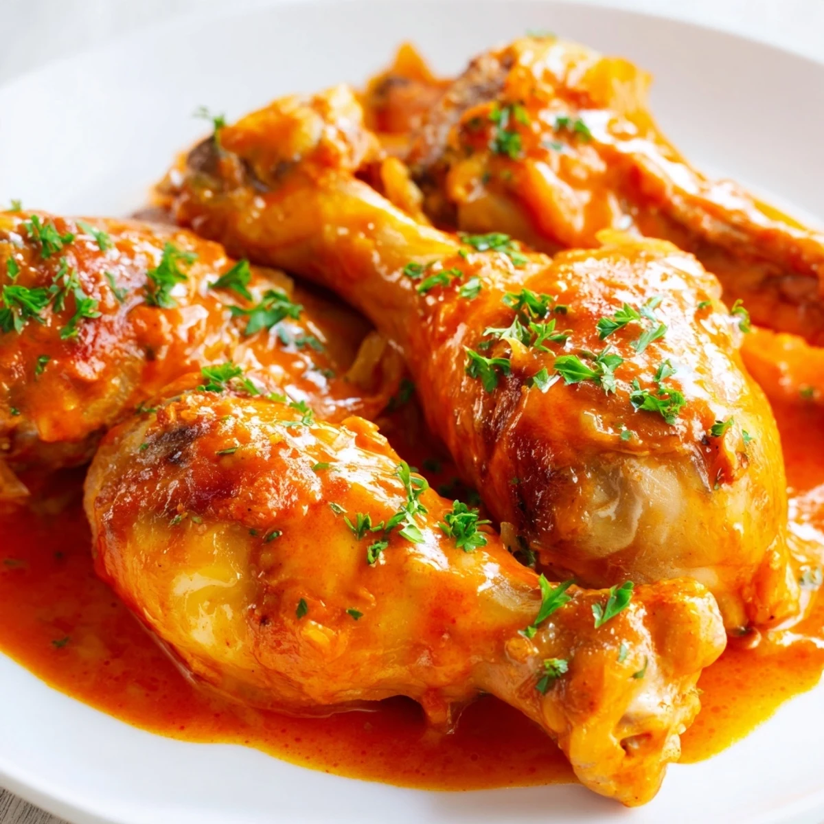Tender creamy paprika chicken drumsticks nestled in a velvety sauce on a white plate