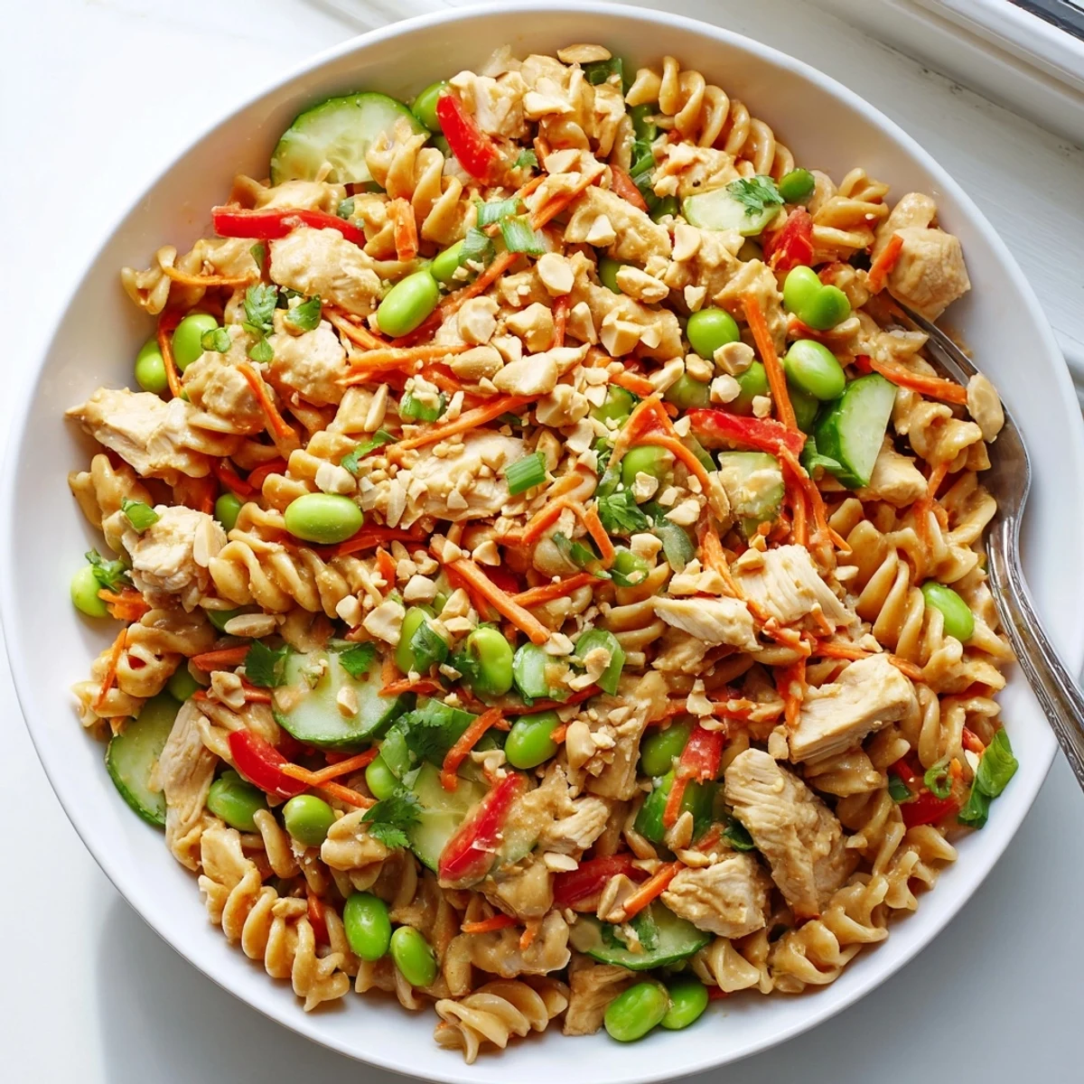 Creamy peanut dressing coats vibrant vegetables and tender pasta in this Protein Packed Thai Pasta Salad