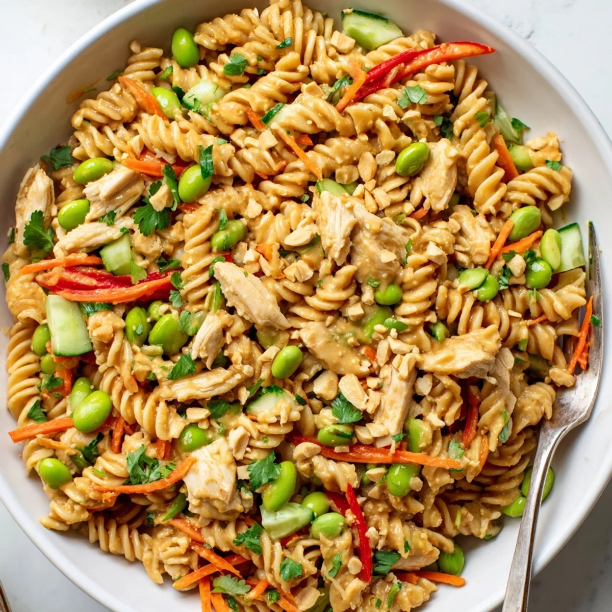A close-up of Protein Packed Thai Pasta Salad featuring julienned bell pepper, edamame, and fresh cilantro