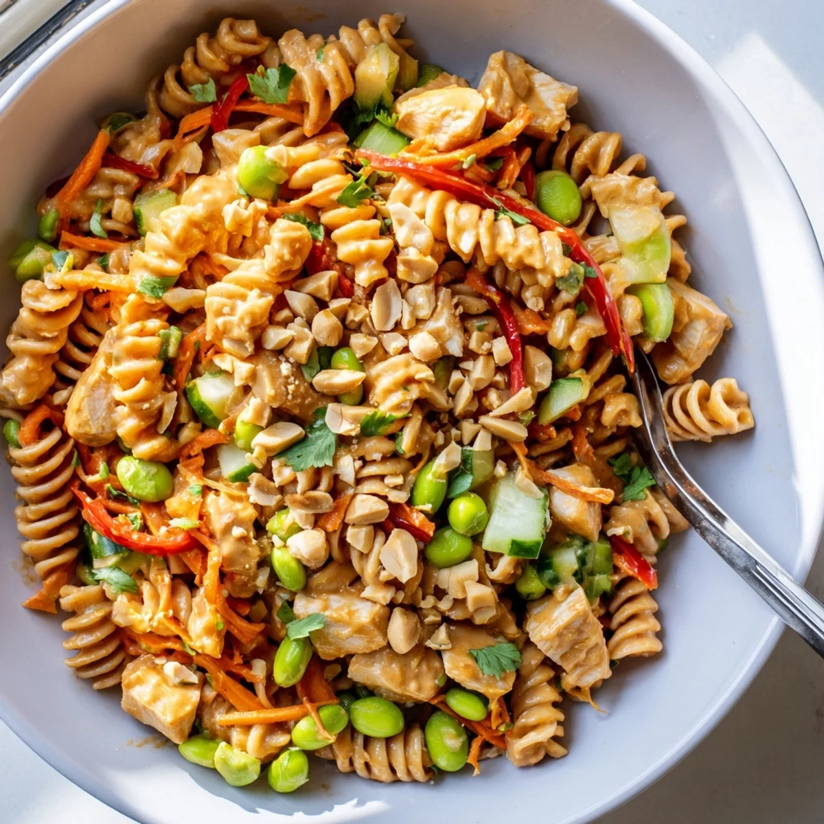 Colorful Protein Packed Thai Pasta Salad topped with crushed peanuts and lime wedges in a rustic bowl