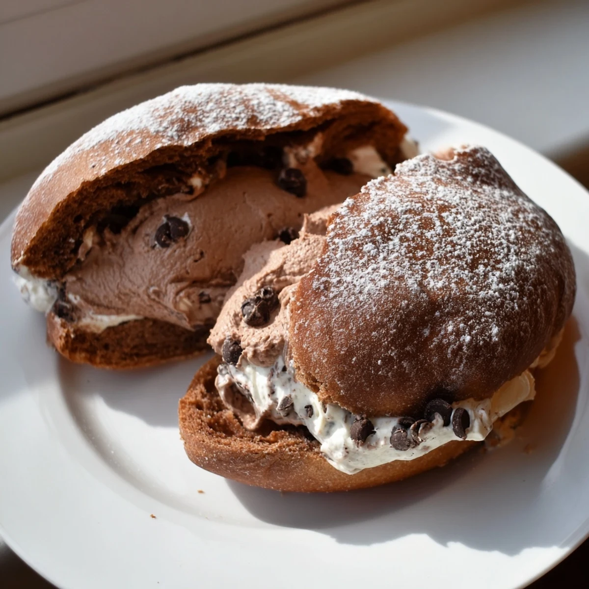 Italian Chocolate Maritozzi buns split open with rich chocolate whipped cream overflowing generously