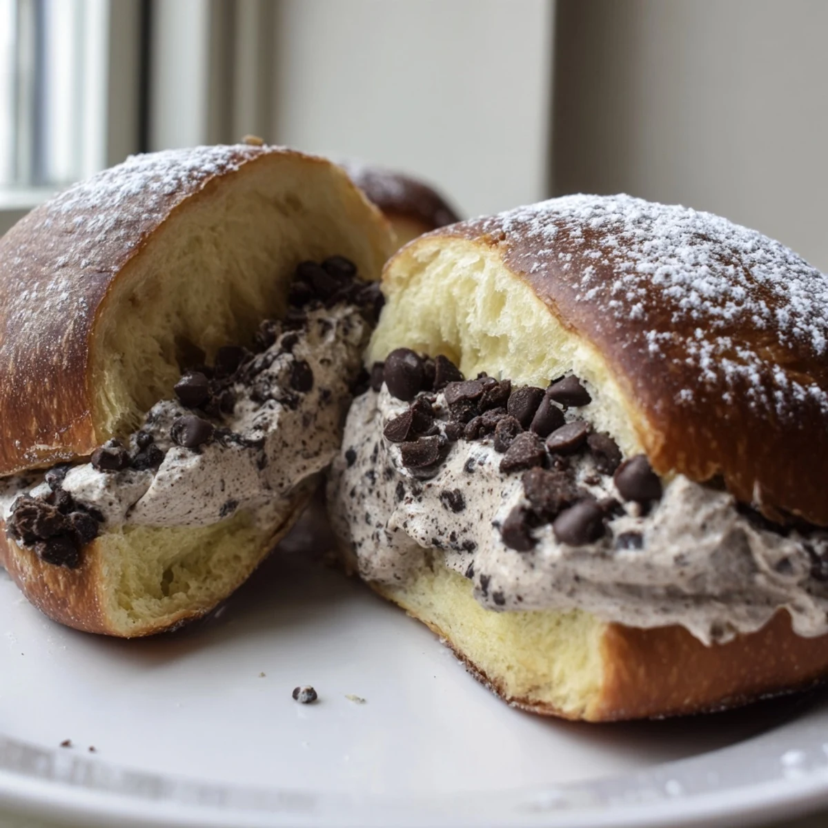 Golden brown Italian Chocolate Maritozzi dusted with powdered sugar on a rustic bakery board
