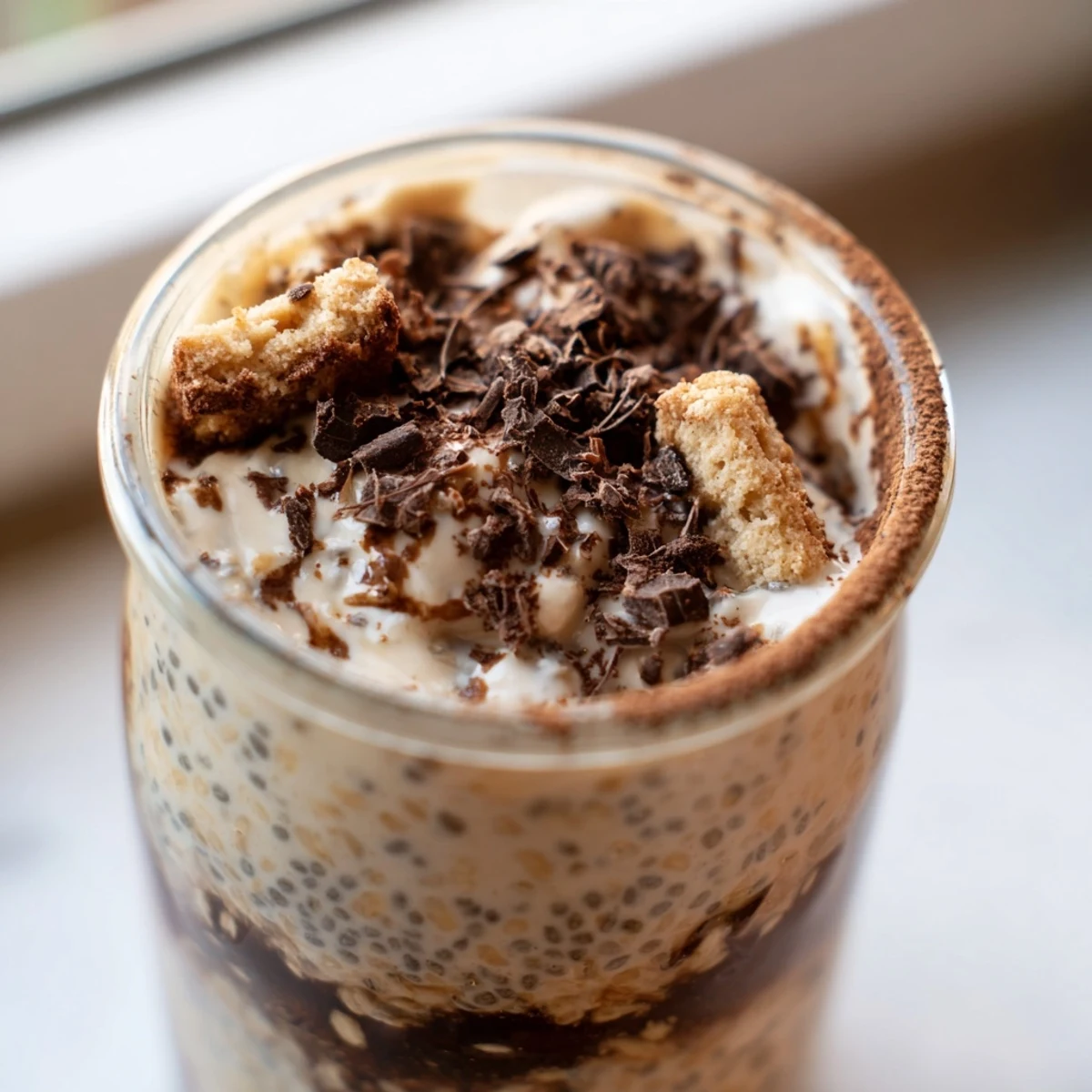 Creamy tiramisu overnight oats layered with mascarpone and dusted with cocoa powder