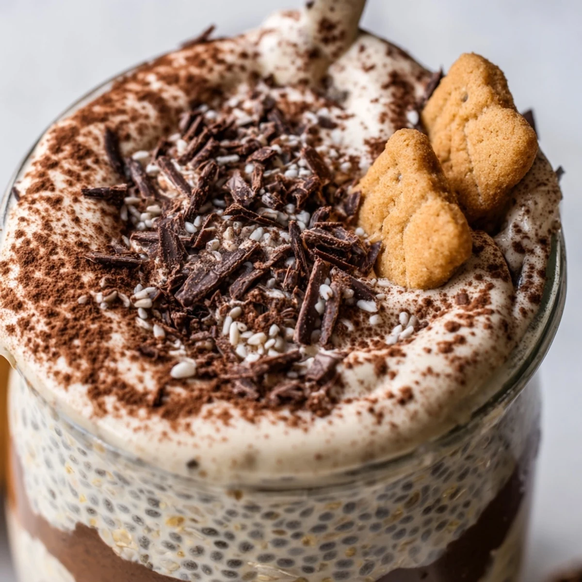 Rich coffee-infused tiramisu overnight oats topped with dark chocolate shavings in a jar
