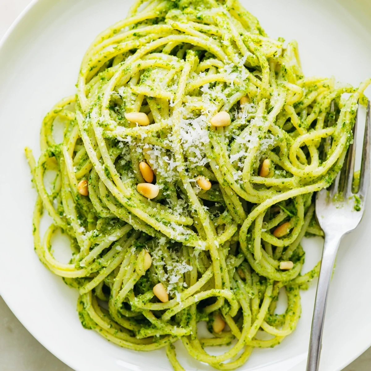 A steaming bowl of wild garlic pesto pasta coated in bright green herb sauce with grated Parmesan on top