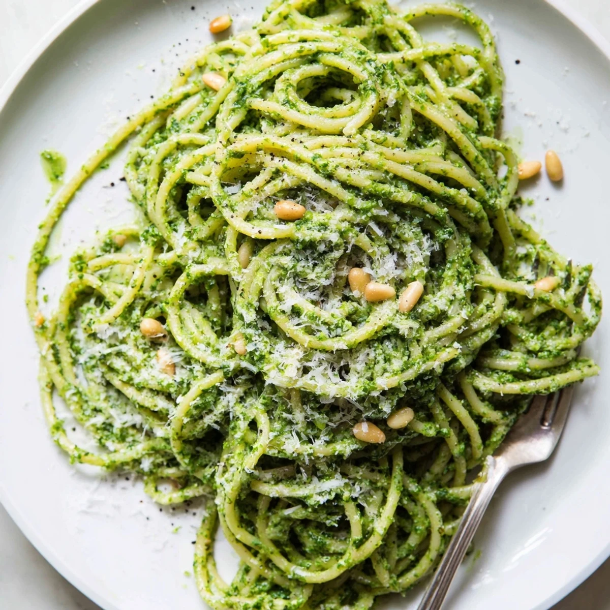 Wild garlic pesto pasta twirled on a fork showing off its vibrant emerald coating and tender noodles