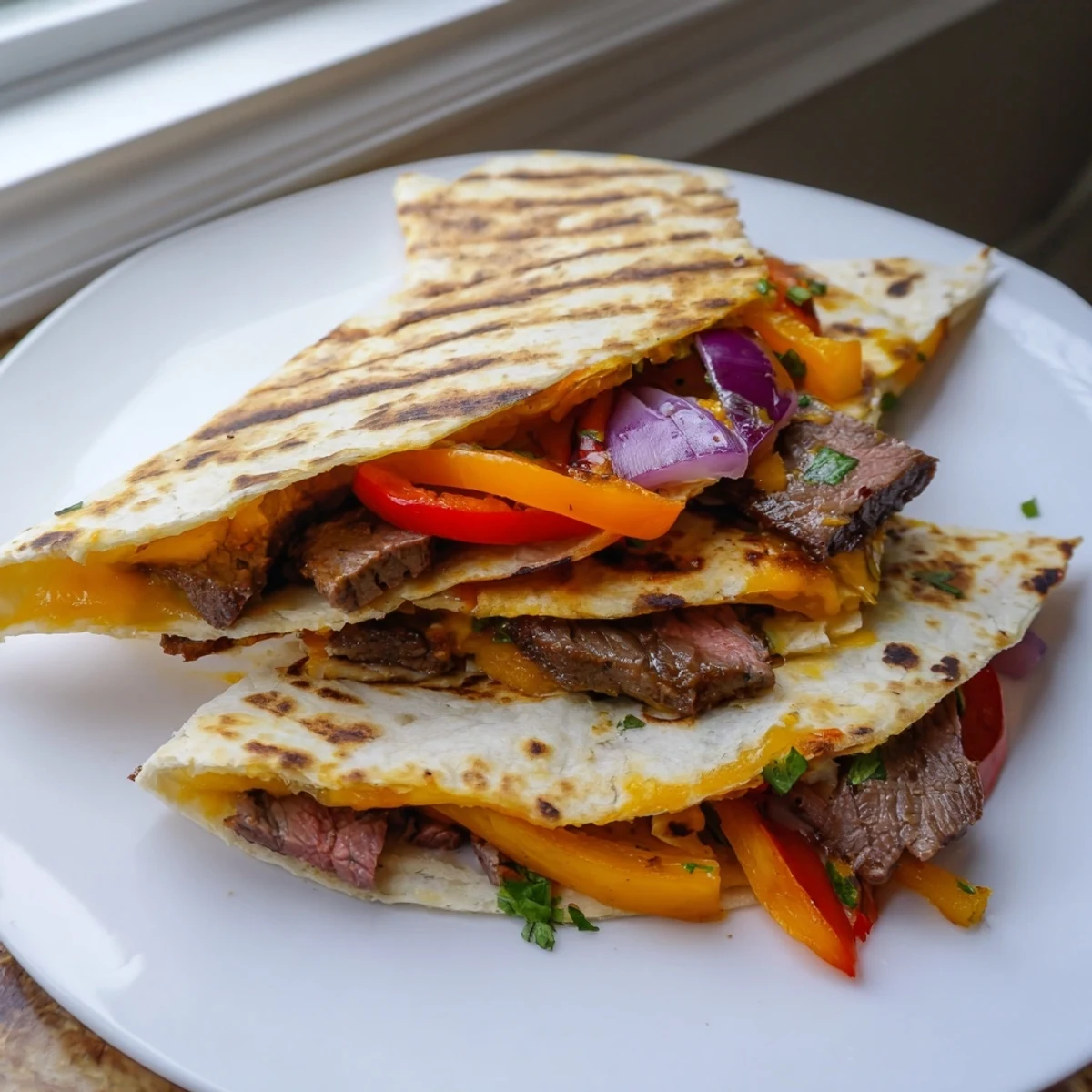 Crispy golden steak quesadillas oozing with melted cheese and colorful pepper filling