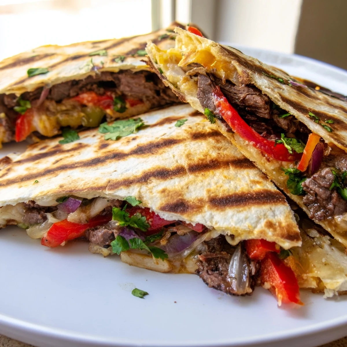 Cheesy steak quesadillas with charred bell peppers and cilantro on a rustic plate