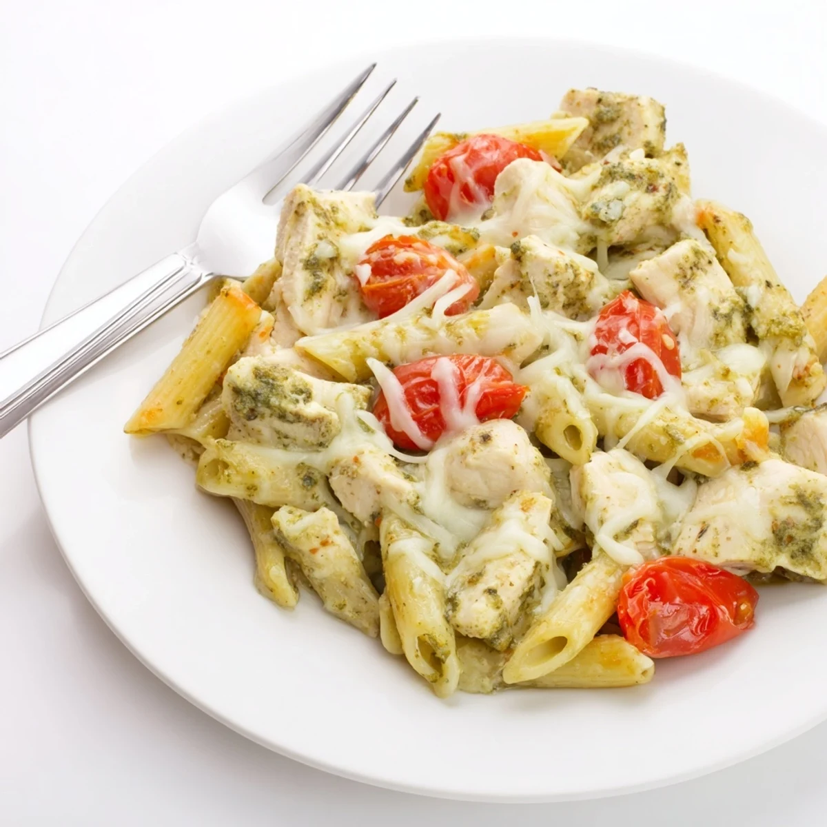Golden pesto chicken pasta bake with bubbling mozzarella and tender pasta in a white baking dish.