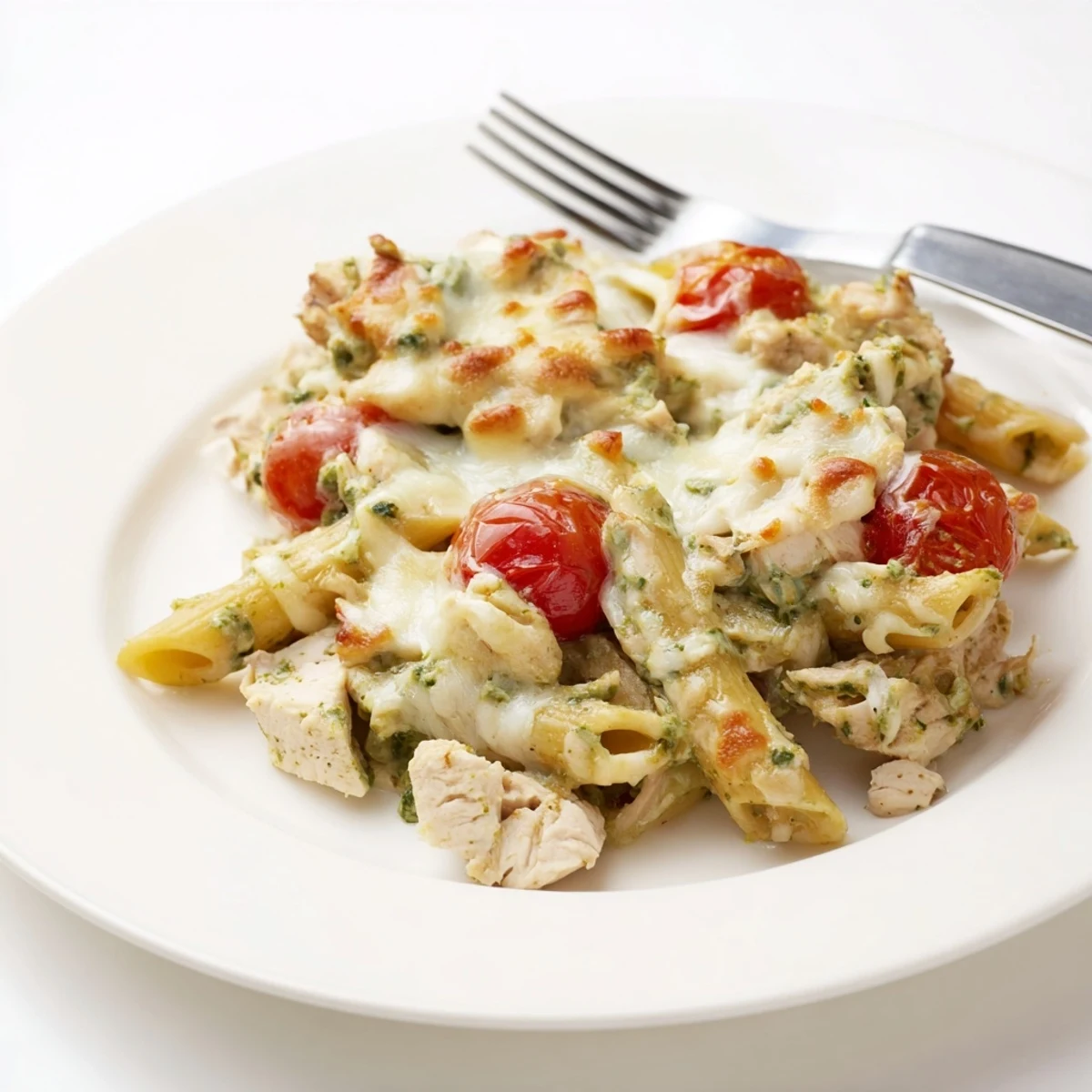 Serving of cheesy pesto chicken pasta bake showing tender chicken and pasta in a casserole dish.