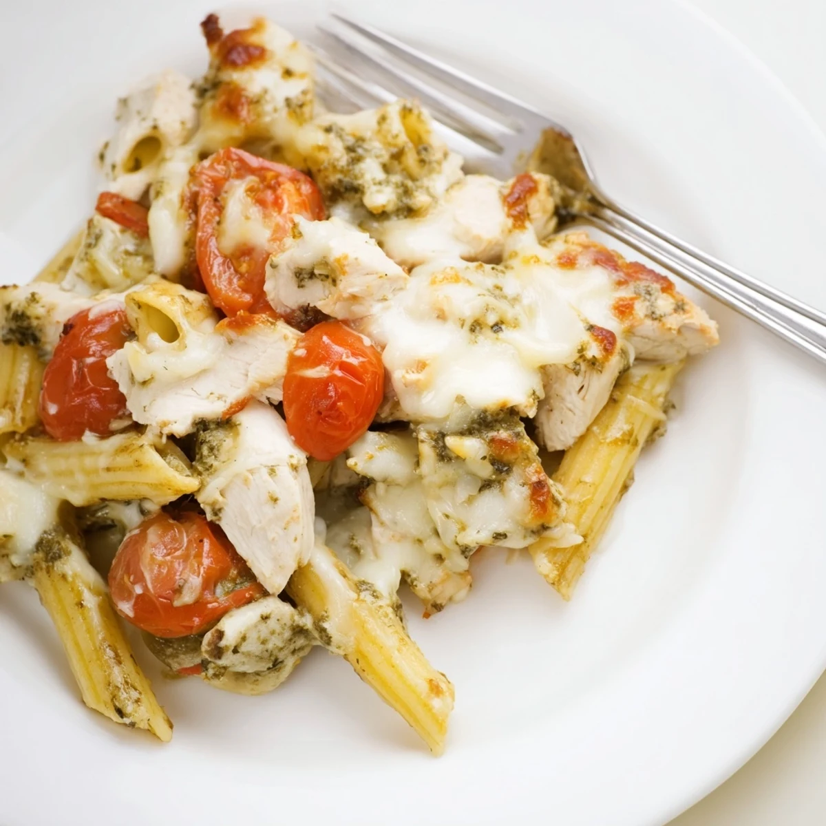 Creamy pesto chicken pasta bake topped with melted mozzarella and fresh basil, ready for dinner.