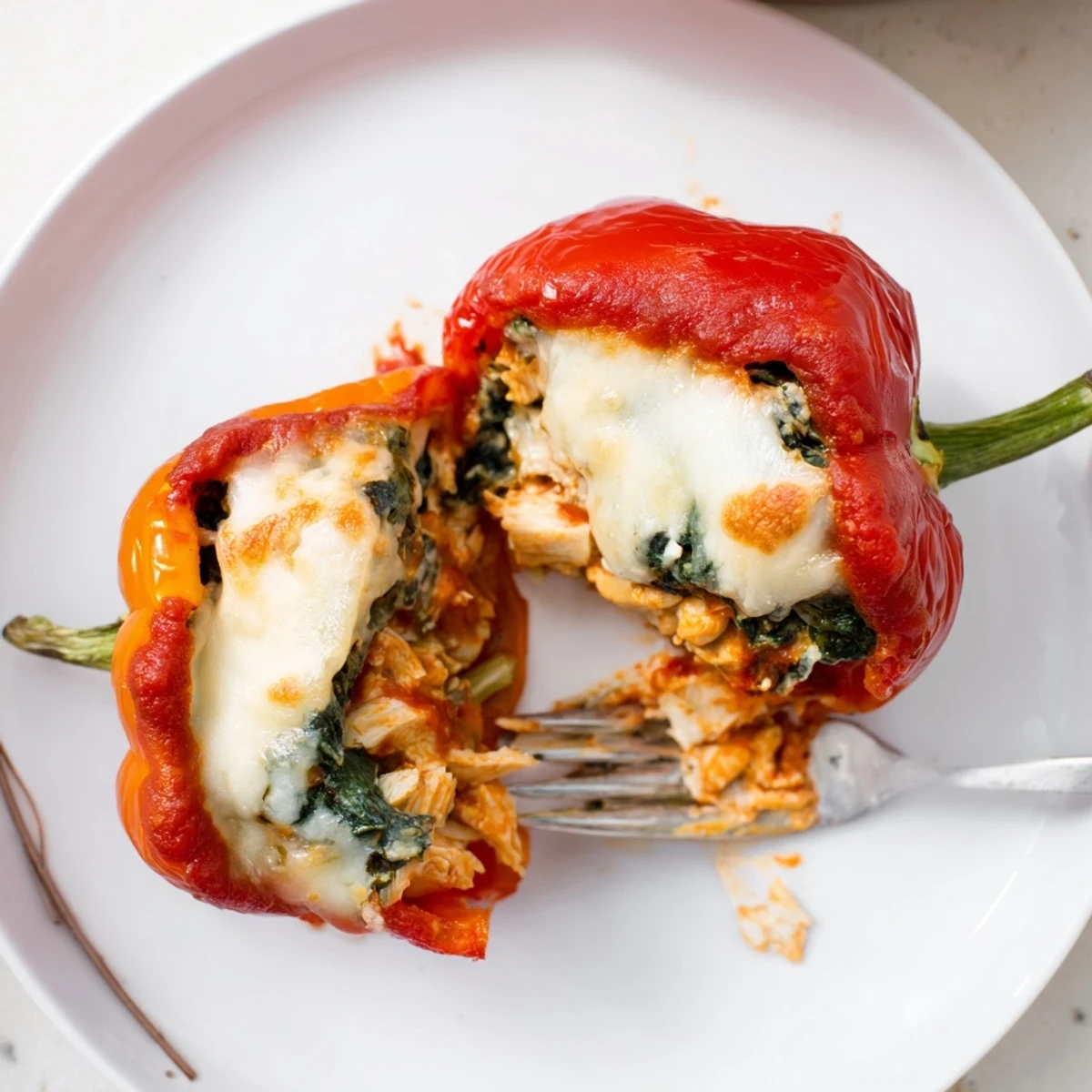 Golden baked chicken Florentine stuffed peppers topped with bubbling mozzarella and fresh spinach